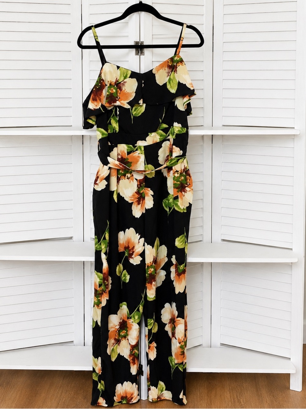VENUS 2X Black Floral Ruffle Wide Leg Jumpsuit Plus Size